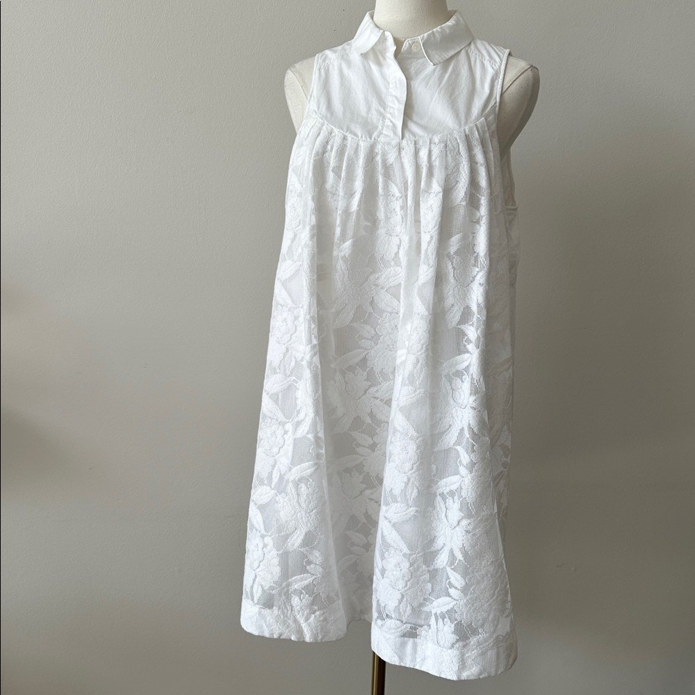 Womens White Feminine Floral Lace Coquette Sleeveless Resortwear Mini Dress M‎